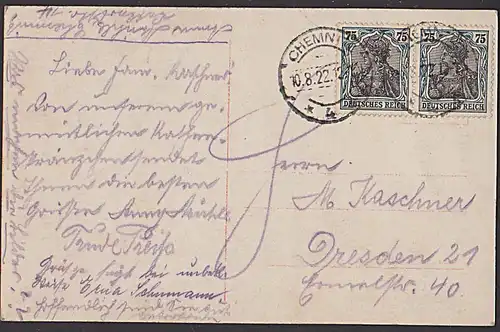 DR 75 Pf (2) Germania auf  Ak "Henny Porten"  1922 aus Chemnitz
