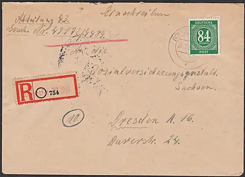 LEIPZIG N26 Einschreiben-Brief  an Behörde in Dresden 20.2.47, Aushilfs-R-Zettl blannco
