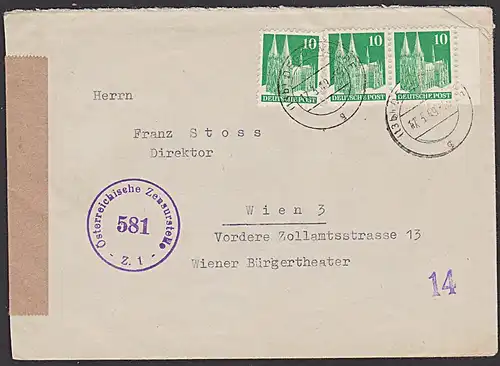 Deggendorf an Direktor von Wiener Bürgertheater Biz Zensur Österreichische Zensurstelle Nr. 581 Brief