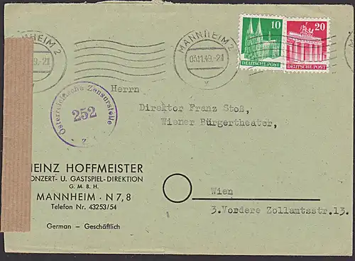 Biz Zensur Österreichische Zensurstelle Nr. 252 H. Hoffmeister Gastspiel-Direktion Mannheim an Wiener Bürgertheater