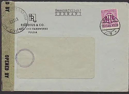 Biz Zensur Military censurship Civil mails 12211 Brief aus Fulda