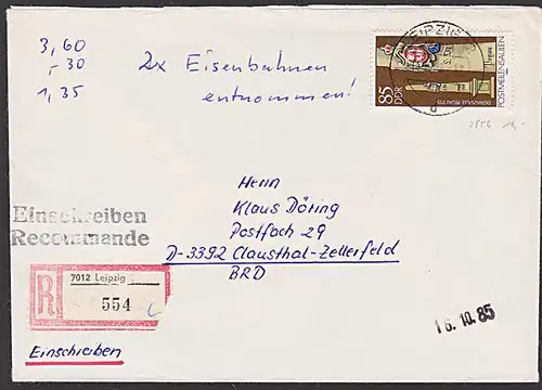 Postmeilensäule Pegau auf Auslands-R-Brief aus Leipzig, portogenau nach der BRD DDR  2856 85 Pf