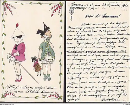 CAK Künstlerkarte  sign. E. Weber Motiv Mädchen mit Steckenpferd und Puppe um 1918 schwarze Schleife