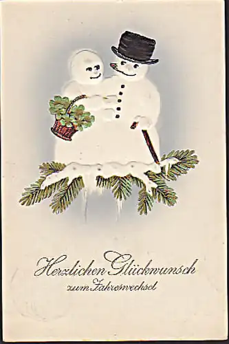 CAK Prägekarte Schneemann mit Frau und Glücksklee zum Neuen Jahr beschrieben