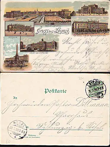 Leipzig Litho Augustusplatz Museum Theater kaiserl. Ober-Postdirektion Mendebrunnn um 1898