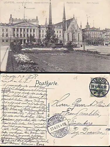 Leipzig Pauliner Kirche Augustusplatz Universität Cafe Francais 1906 gelaufen, Mende-Brunnen