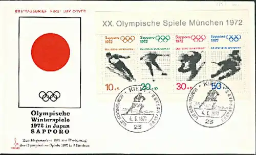 Sapporo Nippon BRD FDC XX. Olympische Spiele München 1972 SSt. Kiel auf Brief für Winterspiele in Japan