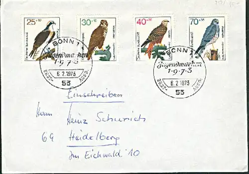 Greifvögel Adler Bussard Rotmilan Wiesenweihe  BRD 754/59 FDC Jugendmarken 1973