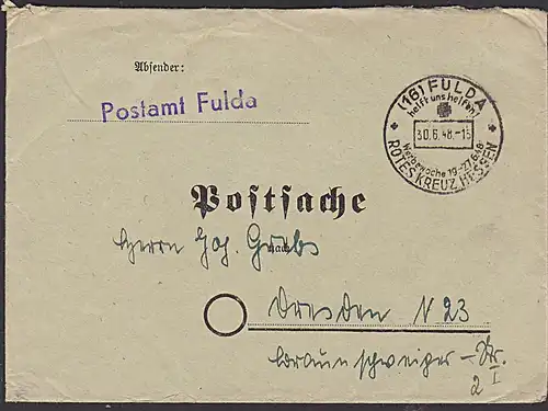 FULDA SoSt. "Helft uns helfen Werbewoche Rotes Kreuz Hessen" Postsache 30.6.48