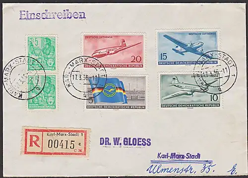 Luftverkehr in der  DDR 512/15, Deutche Lufthansa R-Orts-Brief portogenau Karl-Marx-Stadt, Abfertigungsgebäude Berlin