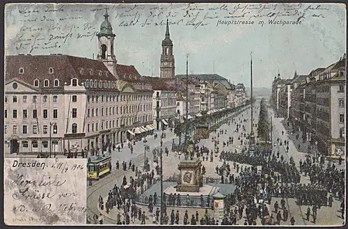 Versuche, den Empfänger zu erreichen! Hauptstr.Dresden Goldener Reiter nach Jena mit Rücksendung "zurück" 1906