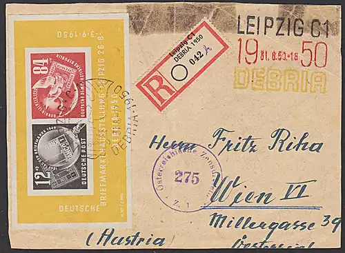 DEBRIA-Block Leipzig 3-Farbenstempel auf R-Ausland-Briefstück mit Österr. Zensur-St. MiNr. DDR Bl. 7