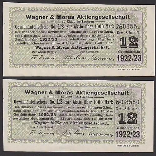 Zittau Wagner & Moras 2 Gewinnanteilscheine 1922/23, gute Erhaltung Textilindustrie