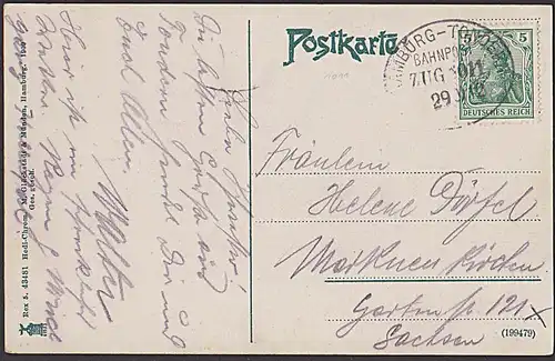 Bahnpost HAMBURG - TONDERN ZUG 1011 1912 auf CAK Friesische Landschaft