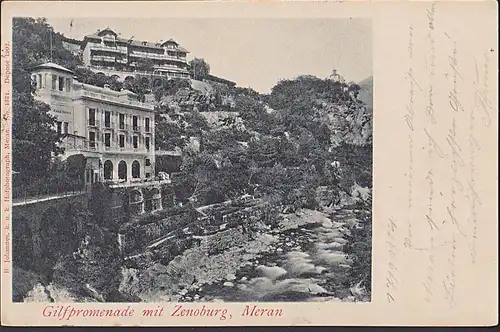 Meran Gilfpromenade mit Zenoburg  Ak 1904 Poststempel MERAN und 5 Heller österr. Briefmarke