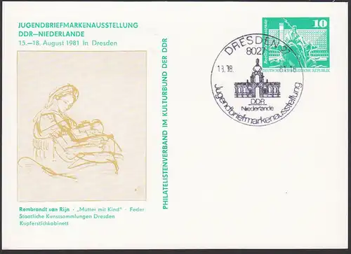 Nederland Rembrandt van Rijn "Mutter und Kind" 1981 als Privatpostkarte mit SoSt. Dresden DDR - Niederlande Zwinger
