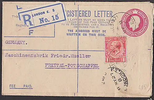 Registred-Letter London Ganzsache mit Zusatzfrankatur 1927 nach Germany Freital Potschappel