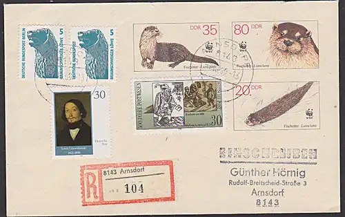 Louis Llewandowski DDR U7 GA Fischotter R-Brief aus Arnsdorf mit MiF DDR M- und DM-Währung und Berlin, BRD