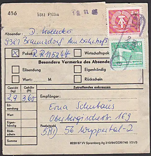 BRAUNSDORF über Flöha Germany PSSt. Paketkarte - Stammteil  (456) Sdg. nach der BRD Porto über 3,60 in PWZ Mukran
