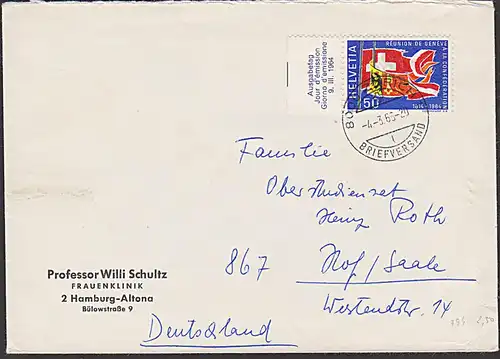 Schweiz Mi. 794 Zürich Fernbrief nach Deutschland mit  SoMke Reunion de Geneve 1965