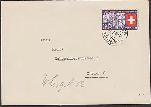 Schweiz Zürich-Wollishofen Ortsbrief mit  SoMke Schweizerische Landesausstellung 1939