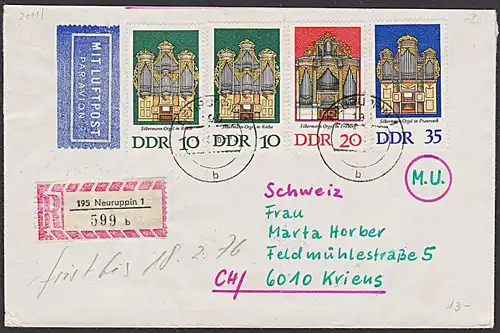 Silbermann Orgeln auf Ausl.-R-LPp-Brief aus Neuruppin nach der Schweiz Kriens, DDR 2111/14