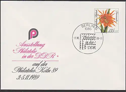 Philatelie in der DDR auf Philatelia Köln 1989 SSt. Berlin Abb. Feuerzauber - Blüte, DDR U10