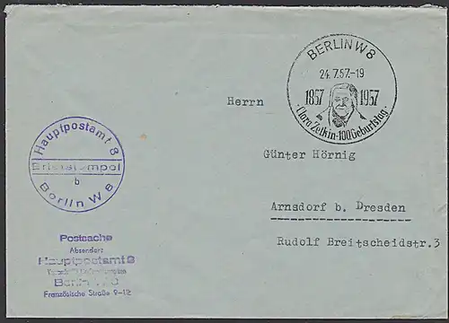 Clara Zetkin Berlin SoSt. "1857 - 1957 100. Geburtstag" Abb. Porträet von Clara  1957, Postsache