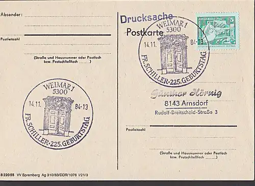 Germany WEIMAR SSt. "Friedrich Schiller 225. Geburtstag" mit Abb. Portal vom Wohnhaus auf Ds-Karte 1984