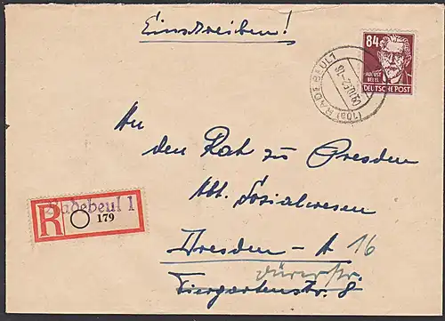 Radebeul R-Brief mit Aushilfs-R-Zettel SBZ-Frankatur August Bebel an Behörde in Dresden