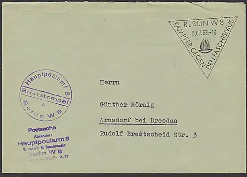 Postsache SoSt. "Kämpfer gegen den Faschismus" Abb. Opferflamme 1958 aus Berlin W8