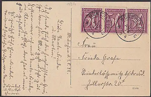 DR 50 Pf(3) Fernkarte aus München Mi-Nr.: 183  auf CAk Propyläen portogenau