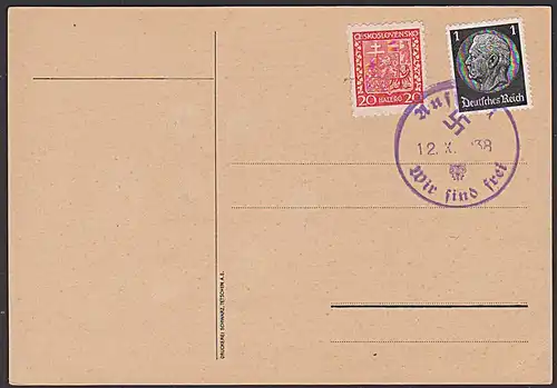 Sudetenland Ausig Usti  1938 "Wir sind frei!" - Aufdruck Unterlage mit Tschechische und dt. Marke vom 12. X. 38 Karte