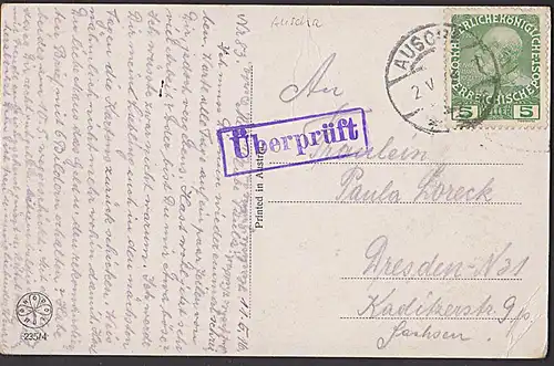 Zensur AUSCHA mit "Überprüft"-Stempel 1916 auf Kunstdruckkarte mit Haus am See sign. V.S.