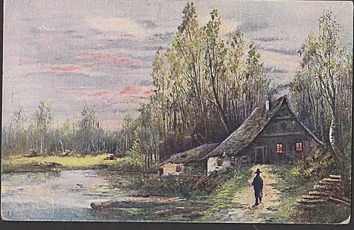 Zensur AUSCHA mit "Überprüft"-Stempel 1916 auf Kunstdruckkarte mit Haus am See sign. V.S.