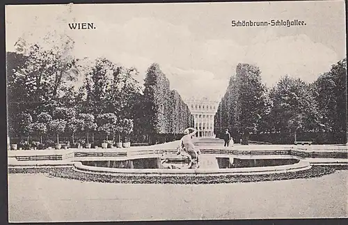 Zensur Ak Wien mit "Überprüft Wien 1" 1915 nach Sachsen, Schönbrunn-Schloßallee