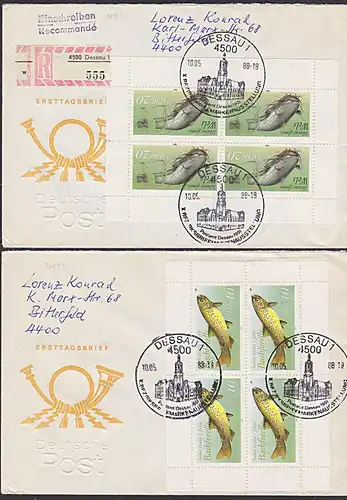 Dessau DDR 3095, 3097 (4) Fische aus Markenheftchen auf Doppel- bzw Einschreiben, SoSt. mit Abb. Postamt 1901
