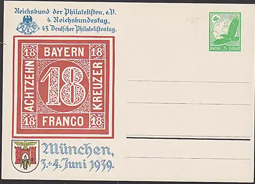 Privat-GA PP142 C44/01 3. und 4. Juni 1939 Reichsbundestag München ungebraucht mit Bayern 18 Kr.