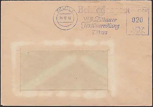 AFS Zittau VEB Zittauer Textilveredlung Behördenpost 1955, rs. mit zwei Druckvermerken durch Nachdruck