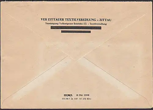 AFS Zittau VEB Zittauer Textilveredlung Behördenpost 1955, rs. mit zwei Druckvermerken durch Nachdruck