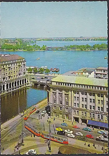 "Verzögert wegen unvollständiger / unrichtiger Postleitzahl" aus Hamburg, CAK mitStraßenbahn und Alster 1966