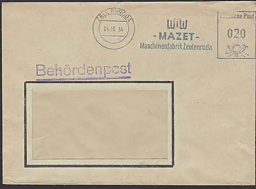 Behördenpost AFS ZEULENRODA WMW - MAZET- Maschinenfabrik 1954 Dienstpostbeleg Germany 4.10.54