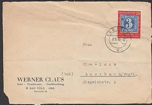 BRD 114 20 Pf "100 Jahre deutsche Briefmarke"  auf Briefvorderseite  aus BAD TÖLZ