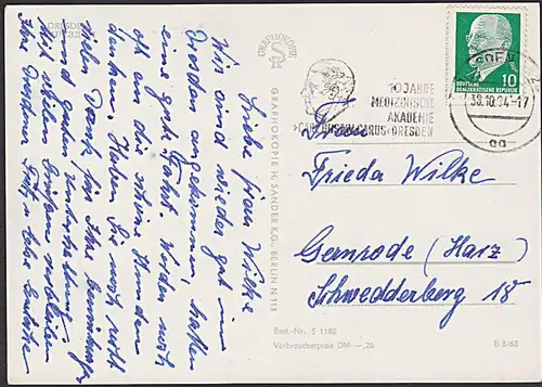 Carl Gustav Carus DDR  "10 Jahre Medizinische Akademie  " 1964 MWSt. Dresden auf Foto-Ak Frankatur 10 Pf. W. Ulbricht