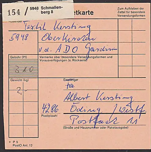 Schmallenberg Paketkartenstammteil mit Frankatur über 3,10 Arbeitsschutz Hochofenanlage