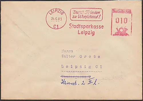 DDR LEIPZIG AFS "Durch Frieden zu Wohlstand! Stadtsparkasse" Propaganda 24.6.63 Ortsbrief