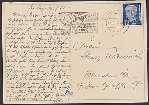 "Jugend vereinige dich im Kampf für den Frieden..." MWSt. 1951 Propaganda Dresden auf  Glückwunschkarte zum Muttertag