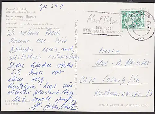"Karl Marx Karl-Marx-Jahr 1983" MWSt. 1983 Leipzig Propaganda auf Ak Völkerschlachtdenkmal nachts