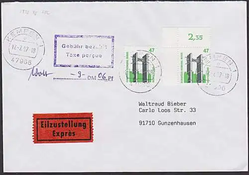 BRD MiNr. 1932(2) 47 Pf(2), 9,06 "Gebühr bezahlt Taxe percue"  Porto 10,00 vom Ersttag Brief über 50g portorichtig