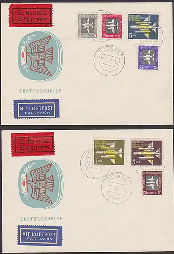 Flugpostmarken FDC 609-615 mit Tagesstempel COTTBUS 13.12.57